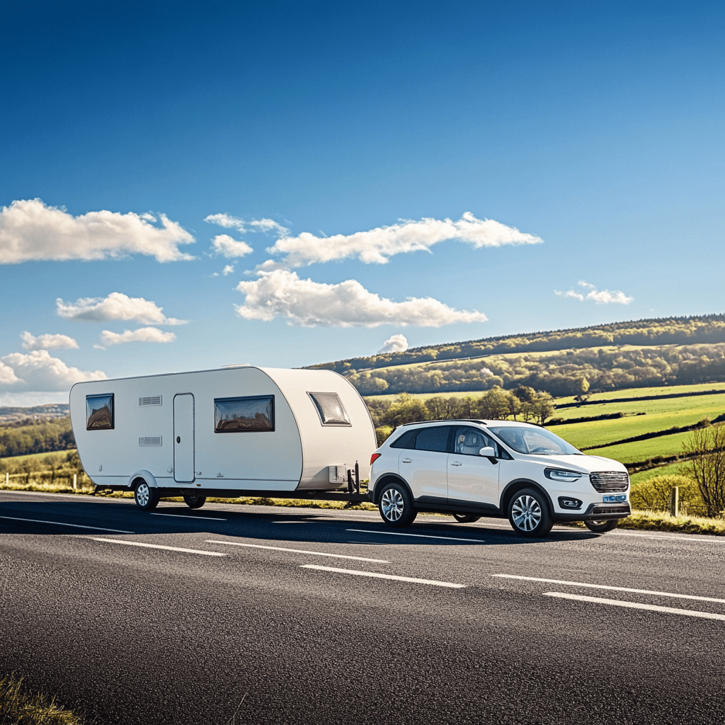 SUV die een caravan trekt
