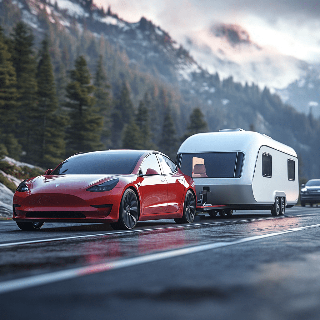 Rode Tesla met caravan