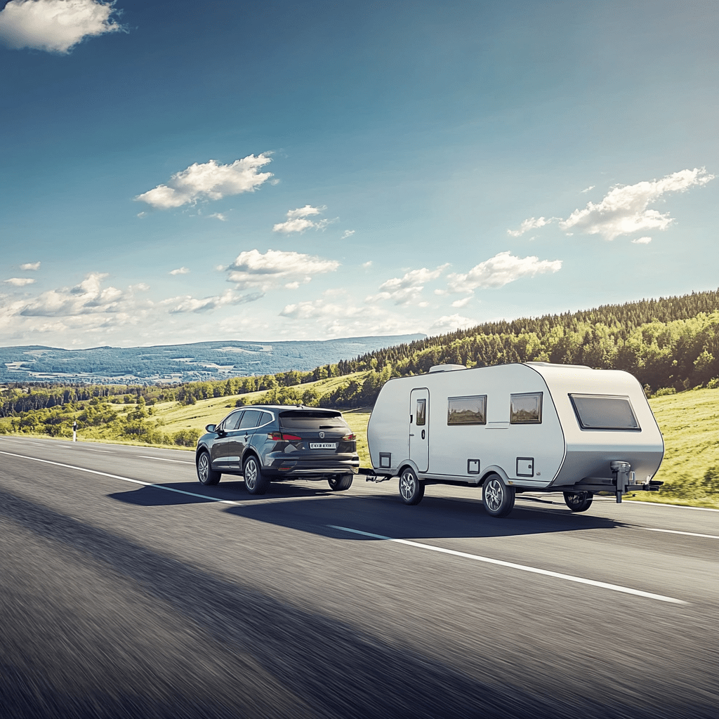 Zwarte SUV die een caravan trekt