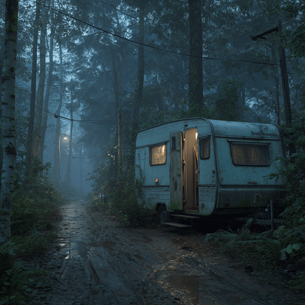 Verlaten caravan in het bos.
