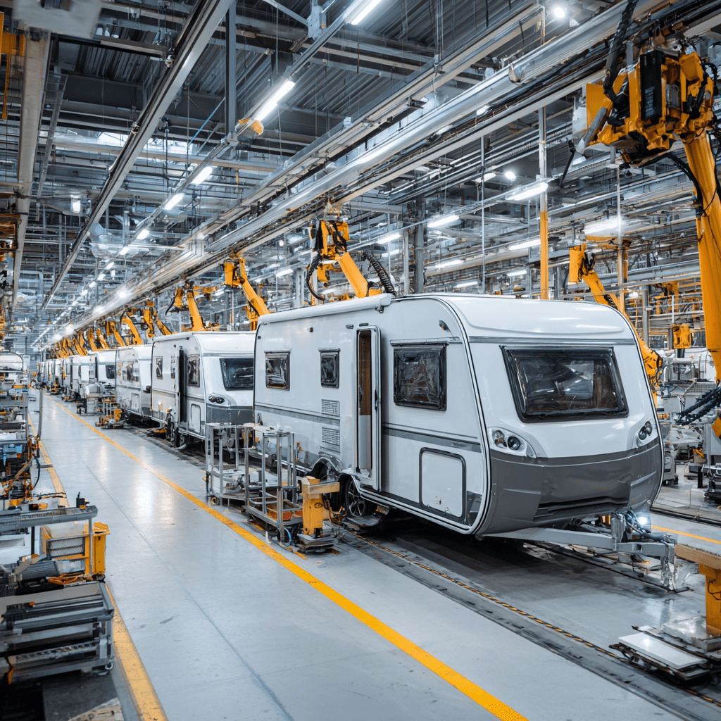 Caravans die geproduceerd worden in de fabriek.