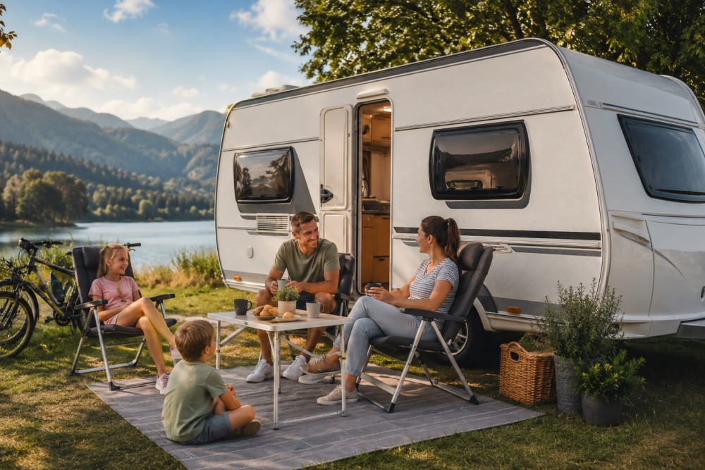 gezin voor een caravan